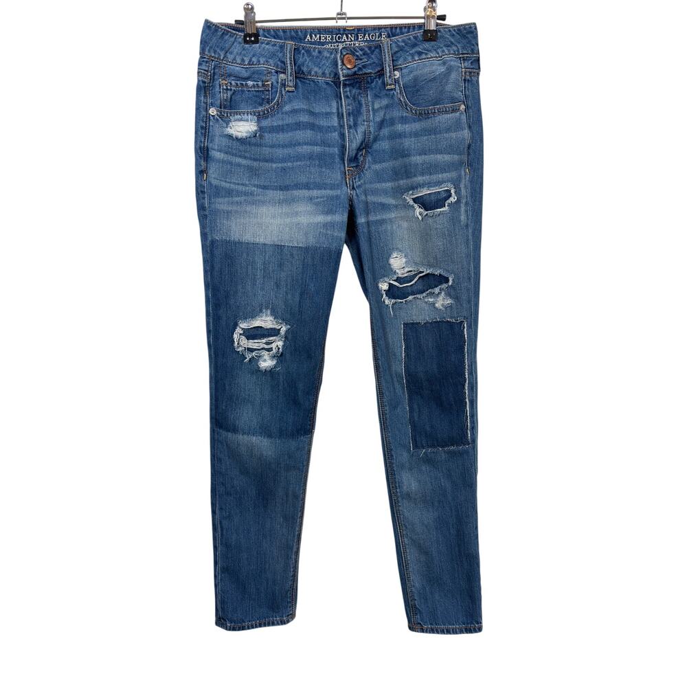 American Eagle Tomgirl Jeans Womens 4 Regular Blue Patchwork Distressed
